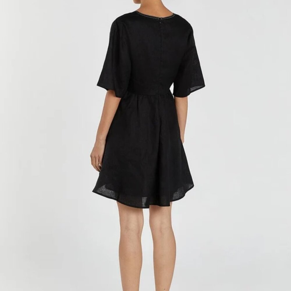 Black linen mini dress with V neckline - Picture 3 of 9
